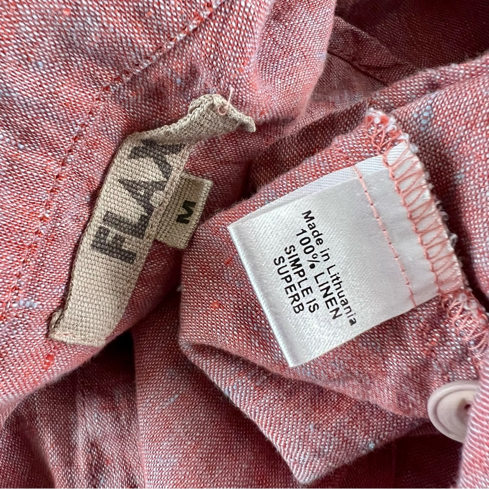 Flax 100% Linen Button Down Peplum Shirt Blouse Top Heathered Pink M Pleated - Picture 6 of 10